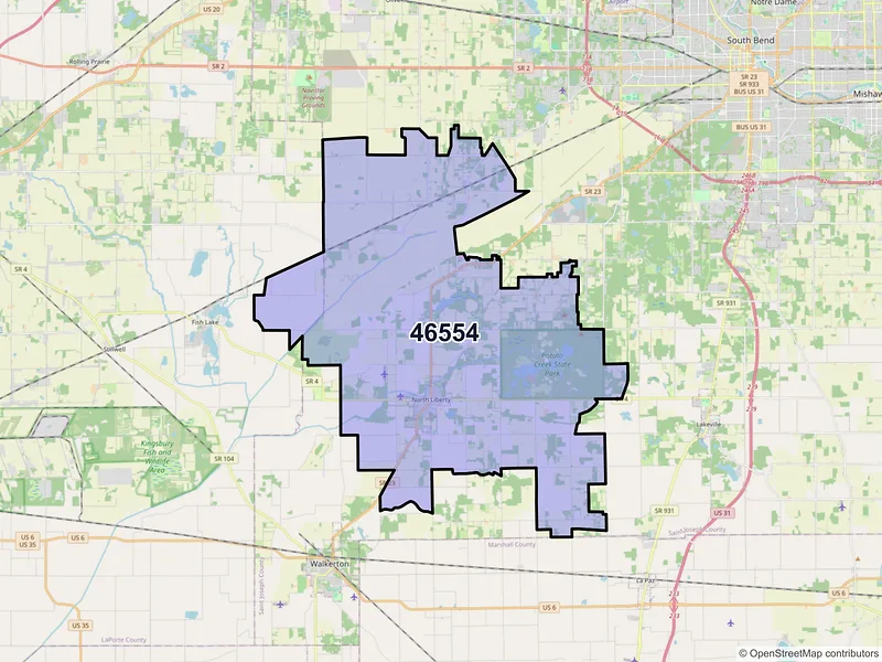 Map of ZIP Code 46554 — North Liberty, IN