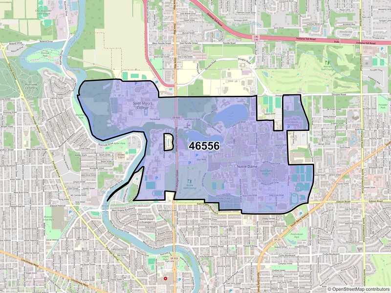 Map of Notre Dame, Indiana and ZIP codes