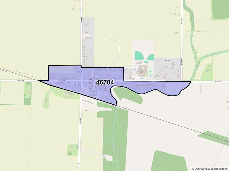 Map of Arcola, Indiana and ZIP codes