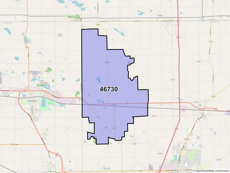 Map of Corunna, Indiana and ZIP codes