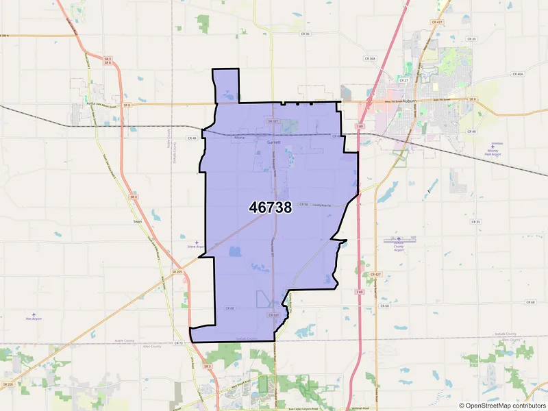 Map of Garrett, Indiana and ZIP codes