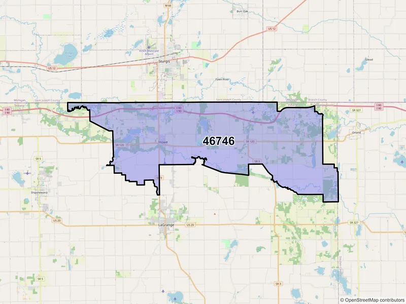 Map of Howe, Indiana and ZIP codes