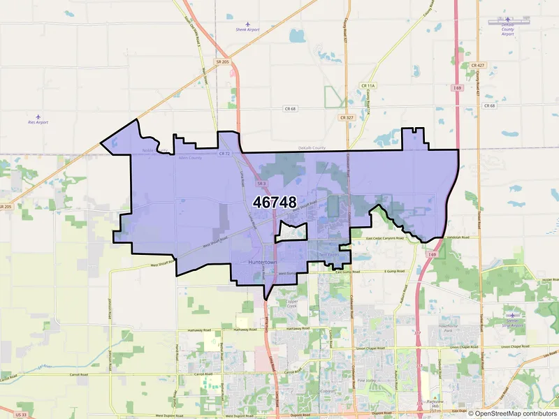 Map of Huntertown, Indiana and ZIP codes