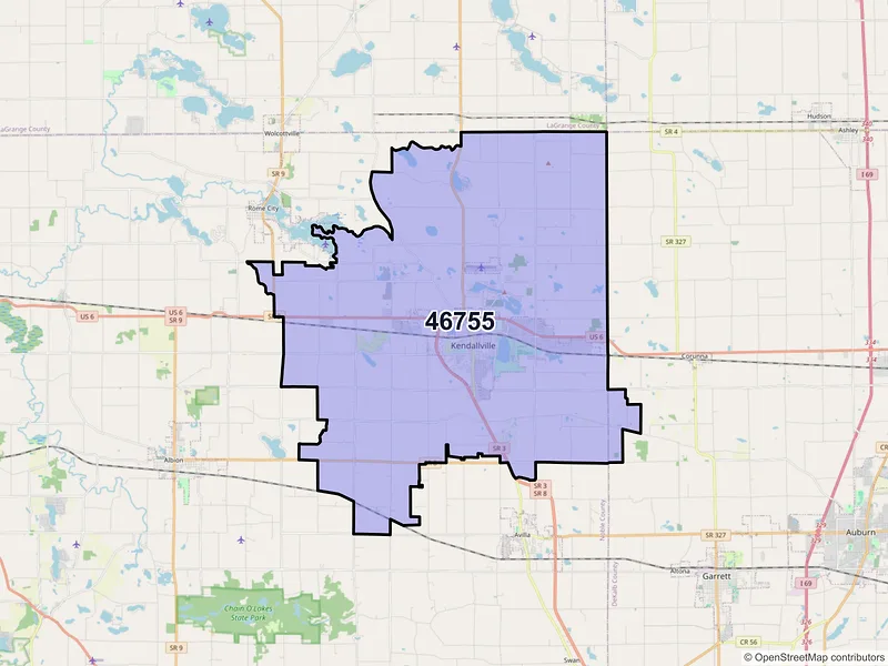 Map of Kendallville, Indiana and ZIP codes
