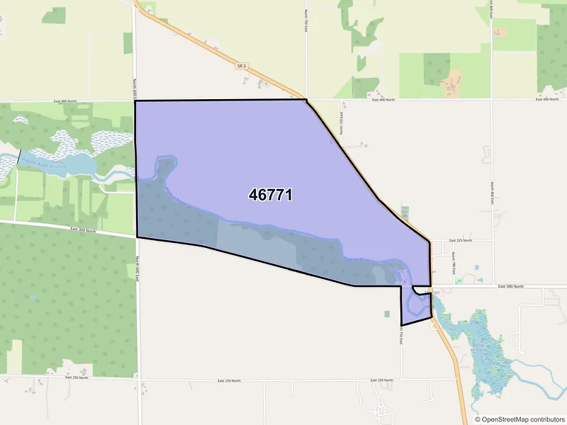 Map of Mongo, Indiana and ZIP codes
