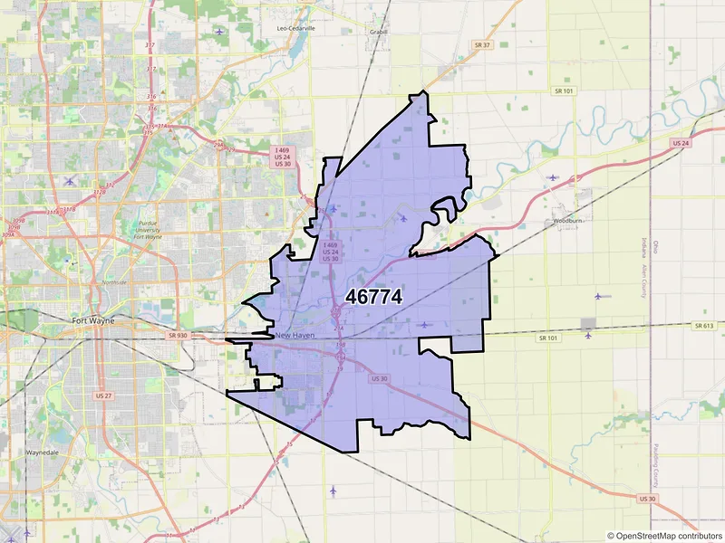 Map of New Haven, Indiana and ZIP codes