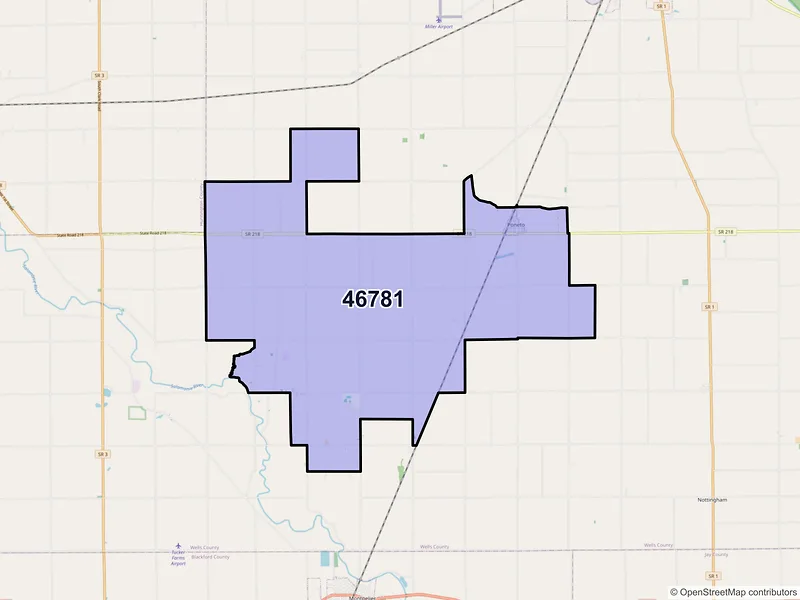 Map of Poneto, Indiana and ZIP codes