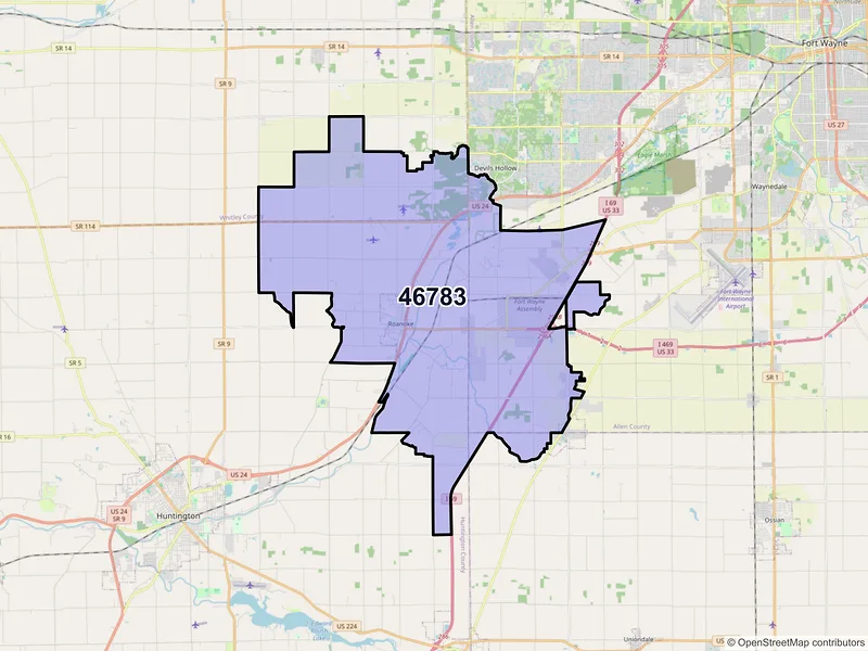 Map of ZIP Code 46783 — Roanoke, IN