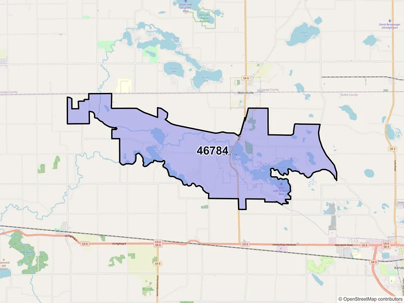 Map of Rome City, Indiana and ZIP codes