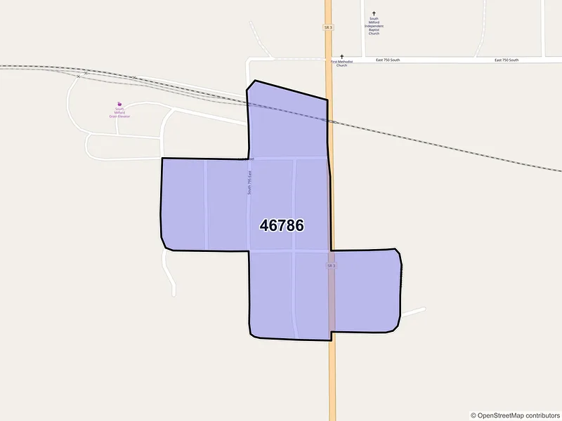Map of South Milford, Indiana and ZIP codes