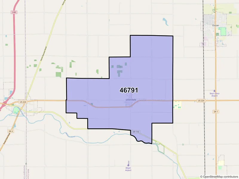 Map of Uniondale, Indiana and ZIP codes
