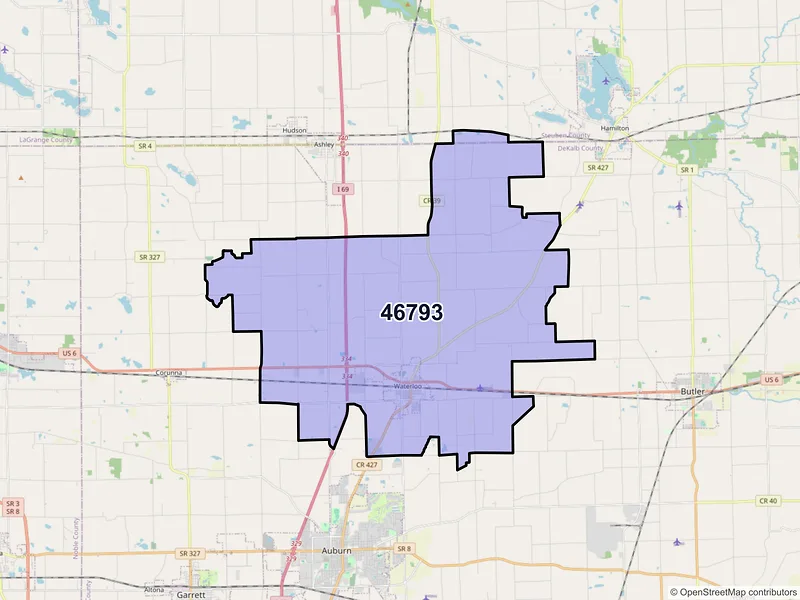 Map of ZIP Code 46793 — Waterloo, IN