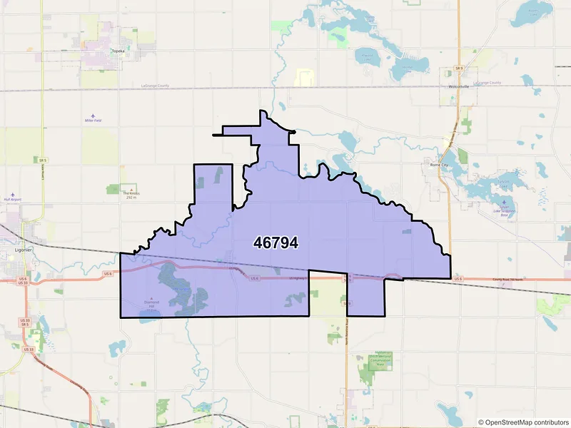 Map of Wawaka, Indiana and ZIP codes