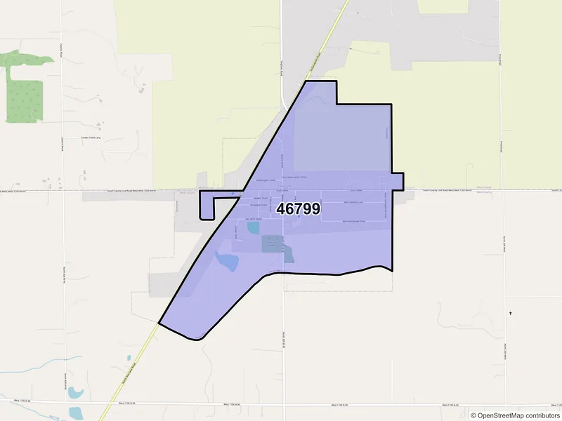 Map of Zanesville, Indiana and ZIP codes