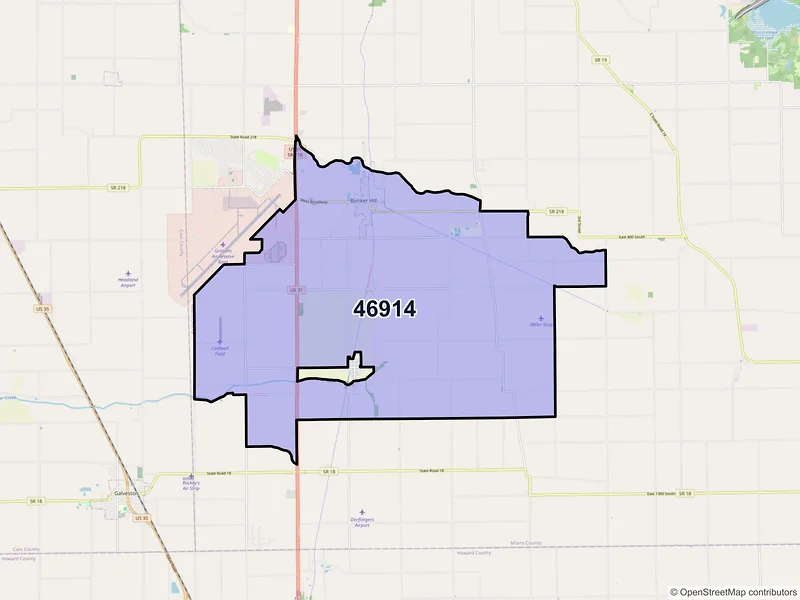 Map of ZIP Code 46914 — Bunker Hill, IN