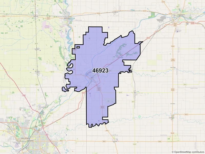Map of Delphi, Indiana and ZIP codes