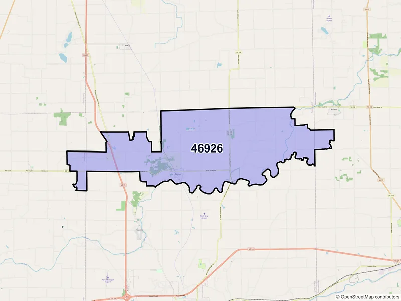 Map of Denver, Indiana and ZIP codes