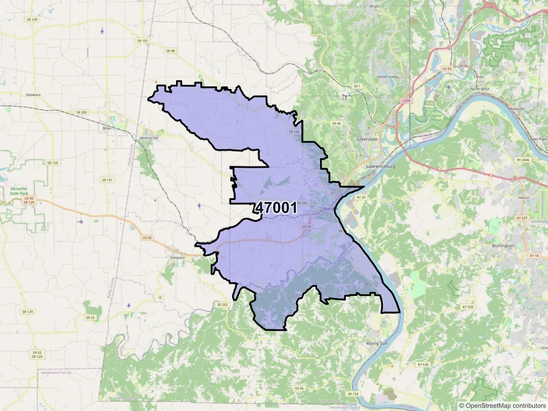 Map of ZIP Code 47001 — Aurora, IN
