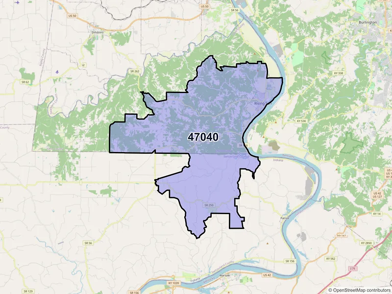 Map of Rising Sun, Indiana and ZIP codes