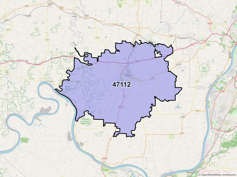 Map of Corydon, Indiana and ZIP codes