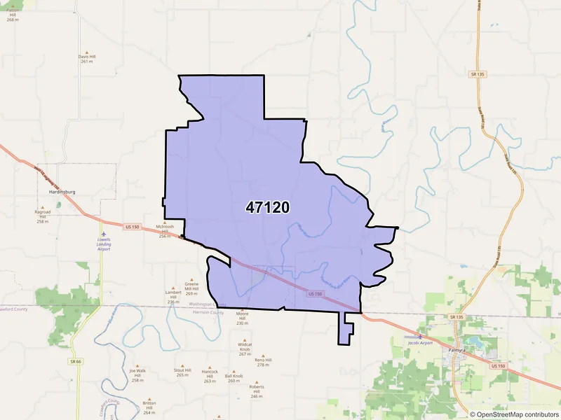 Map of ZIP Code 47120 — Fredericksburg, IN