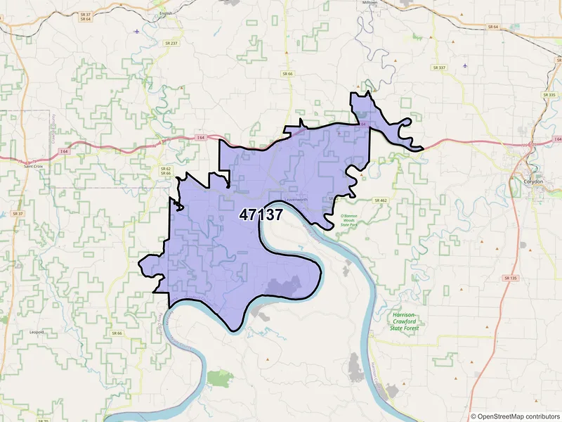 Map of ZIP Code 47137 — Leavenworth, IN
