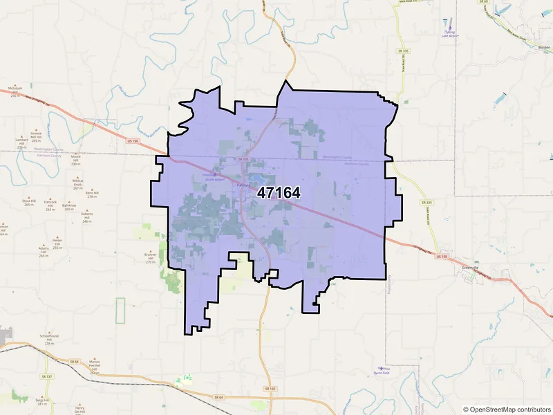 Map of ZIP Code 47164 — Palmyra, IN