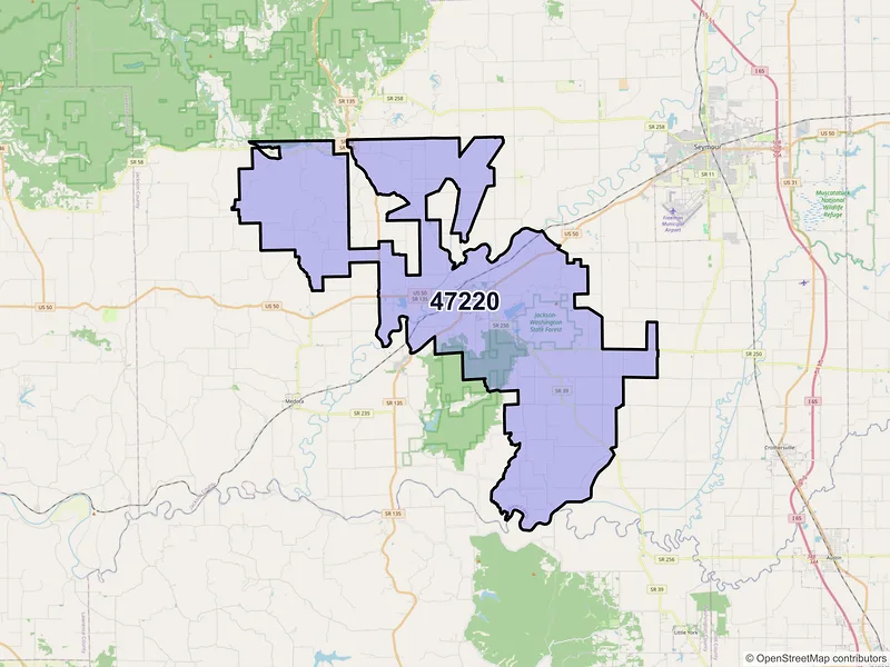 Map of Brownstown, Indiana and ZIP codes