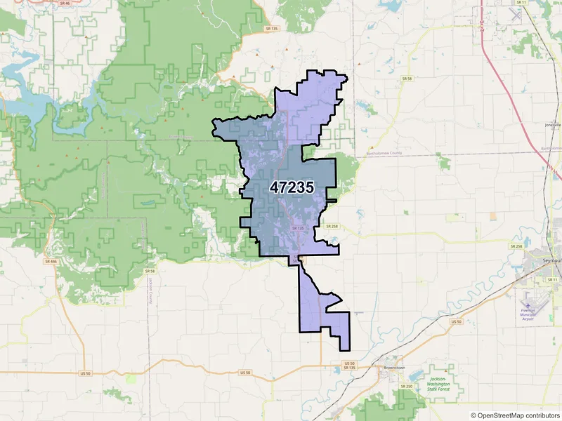 Map of Freetown, Indiana and ZIP codes