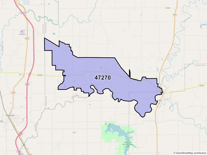 Map of ZIP Code 47270 — Paris Crossing, IN