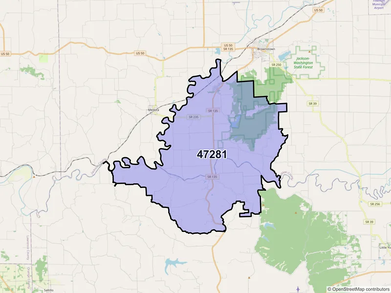Map of ZIP Code 47281 — Vallonia, IN