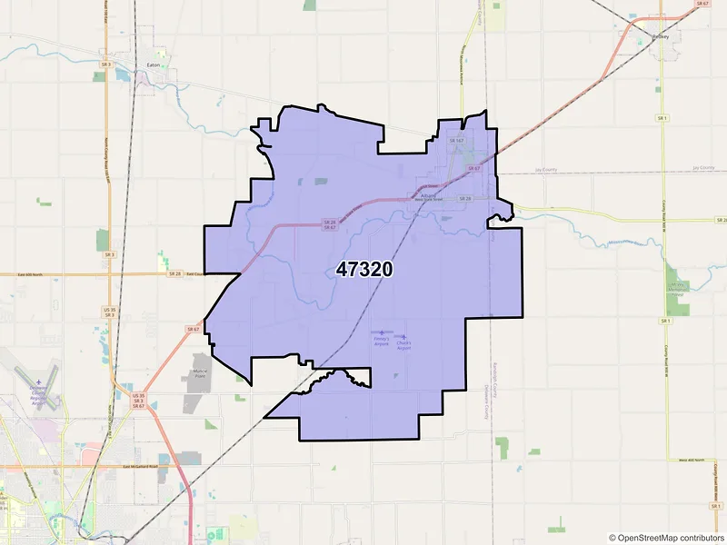 Map of Albany, Indiana and ZIP codes