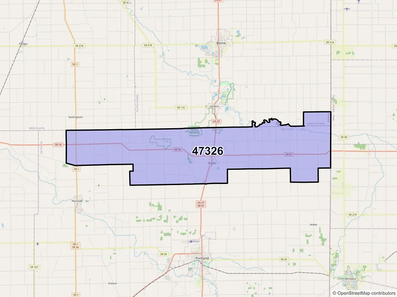 Map of Bryant, Indiana and ZIP codes