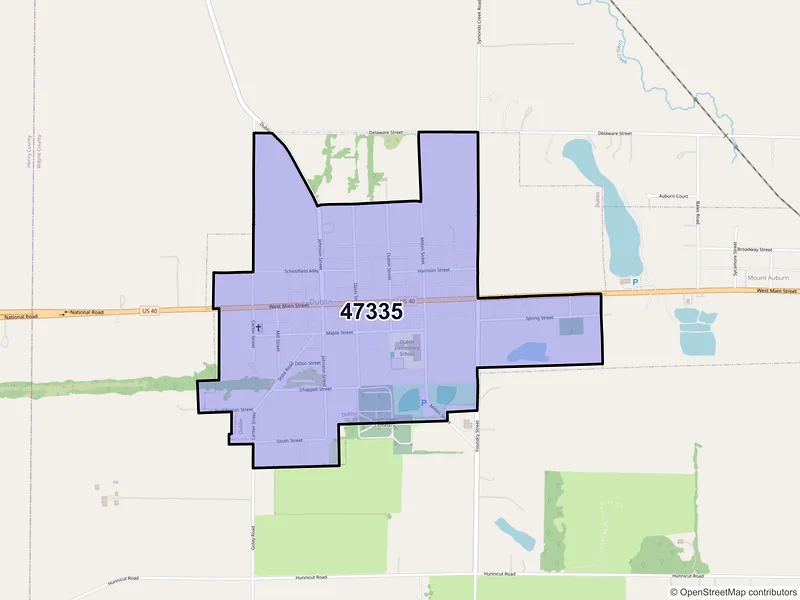 Map of Dublin, Indiana and ZIP codes