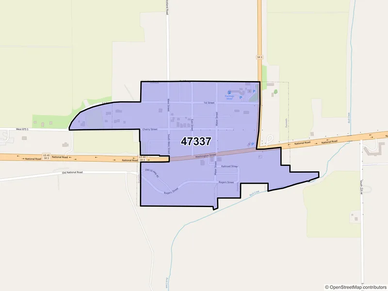 Map of Dunreith, Indiana and ZIP codes