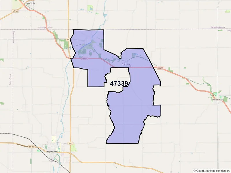 Map of ZIP Code 47339 — Economy, IN