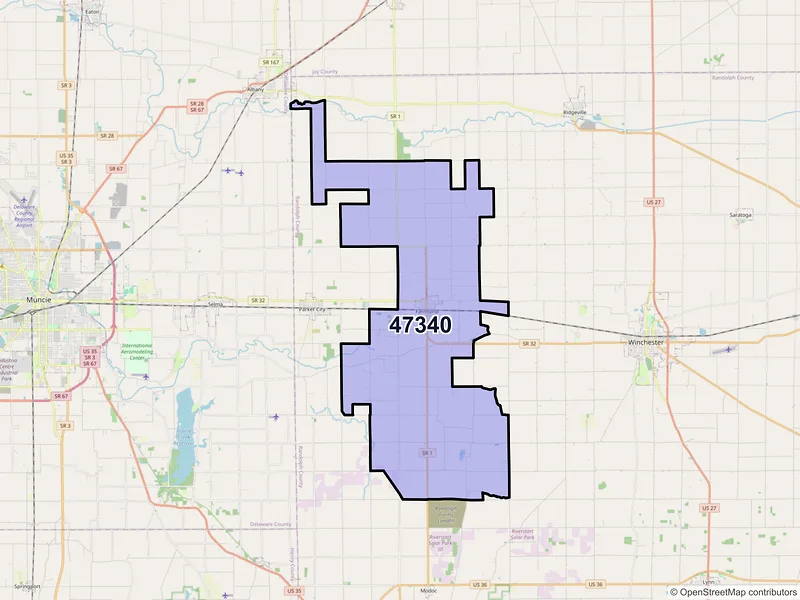 Map of ZIP Code 47340 — Farmland, IN