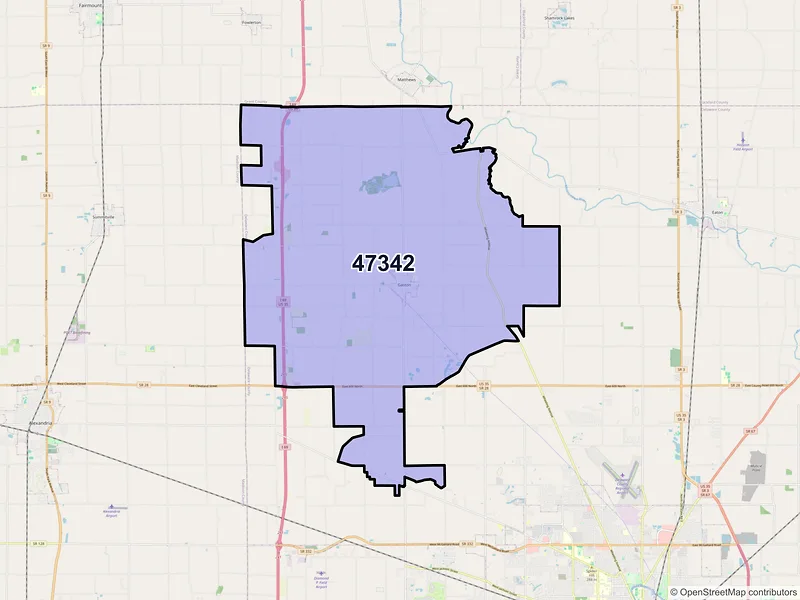 Map of Gaston, Indiana and ZIP codes