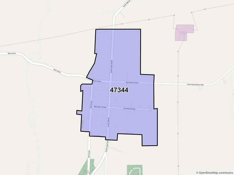 Map of Greensboro, Indiana and ZIP codes