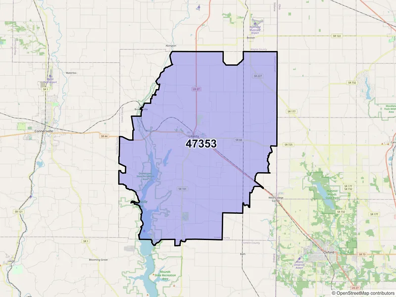 Map of Liberty, Indiana and ZIP codes