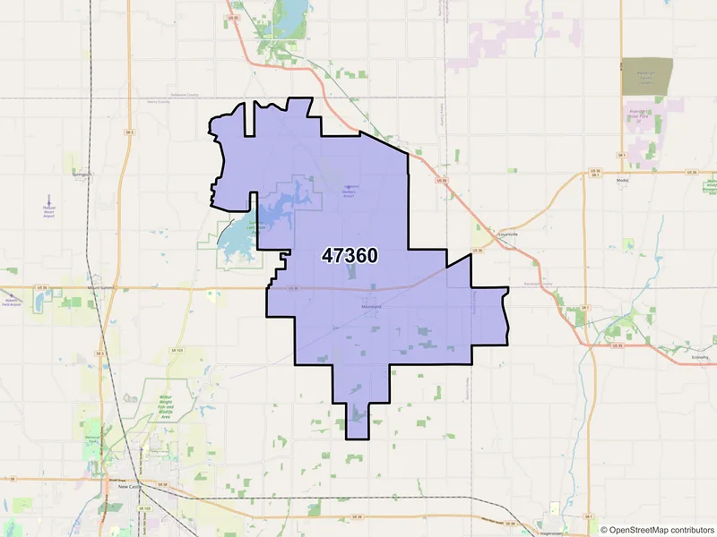 Map of ZIP Code 47360 — Mooreland, IN