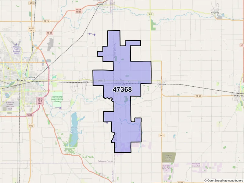 Map of Parker City, Indiana and ZIP codes