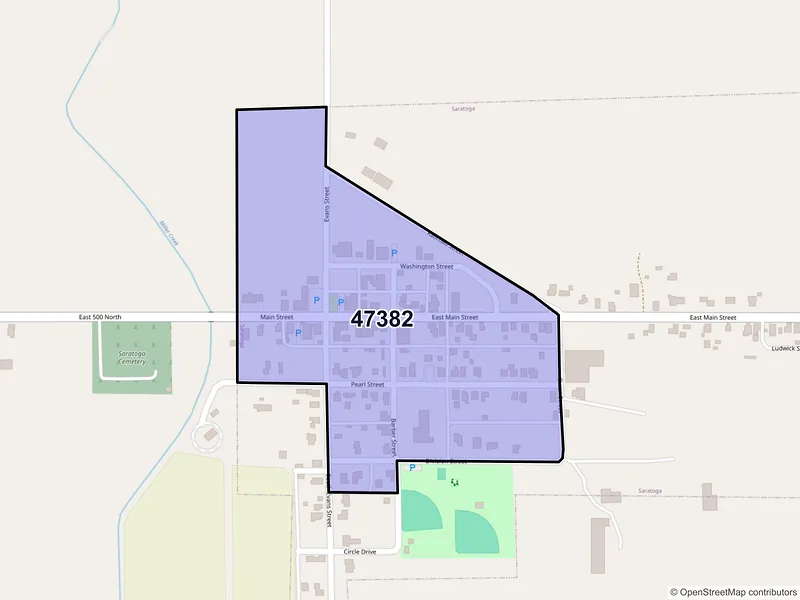 Map of Saratoga, Indiana and ZIP codes
