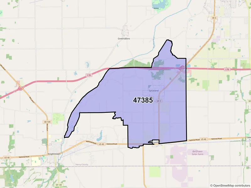 Map of ZIP Code 47385 — Spiceland, IN