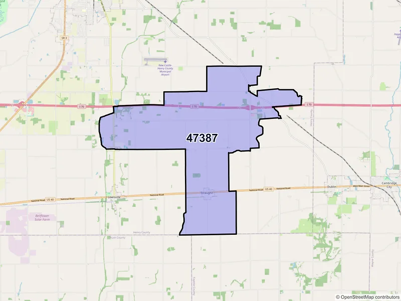 Map of ZIP Code 47387 — Straughn, IN