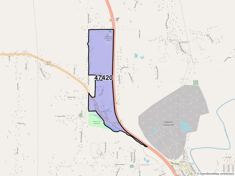 Map of Avoca, Indiana and ZIP codes