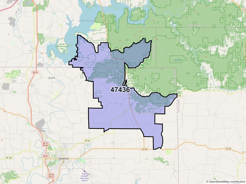 Map of Heltonville, Indiana and ZIP codes