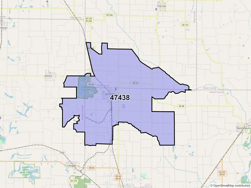 Map of Jasonville, Indiana and ZIP codes