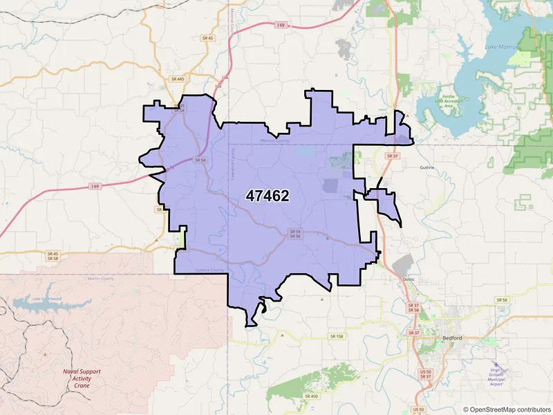 Map of Springville, Indiana and ZIP codes