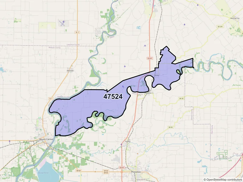 Map of Decker, Indiana and ZIP codes